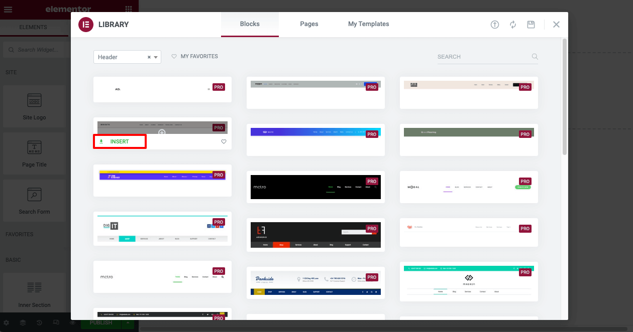 Come creare un'intestazione trasparente appiccicosa di Elementor (guida passo passo) 4 Insert a header template from the Elementor Library