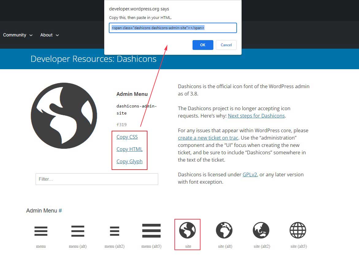 Dashicons HTML ve CSS Kodunu Alın