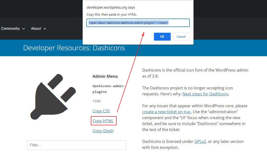 WordPress Yazıları ve Sayfaları için Dashicon HTML Kodunu Kopyalayın