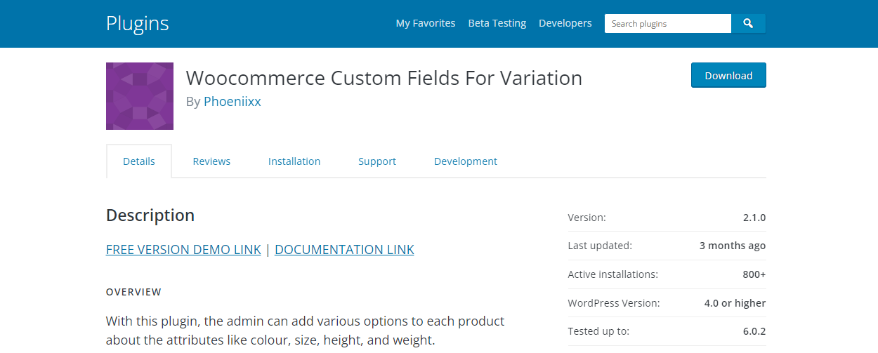 Plugin WooCommerce Custom Fields For Variation - Plugin de champs personnalisés WordPress