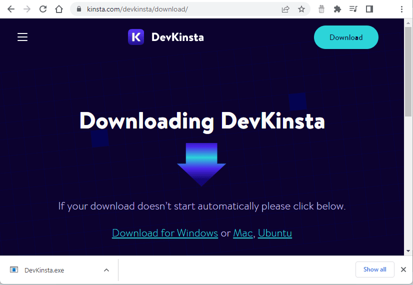 DevKinsta'nın indirme sayfası ekran görüntüsü.