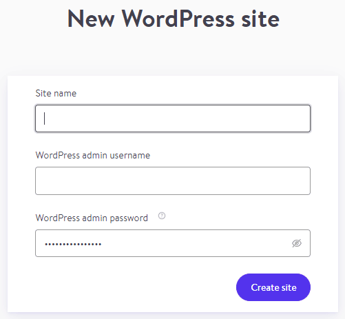 DevKinsta'nın yeni WordPress site oluşturma ekranı.