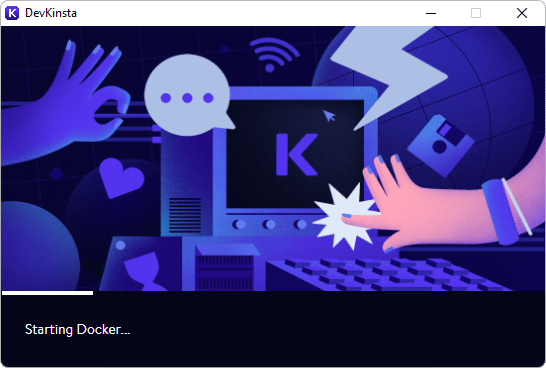 DevKinsta'nın Docker başlangıç ​​ekranı.