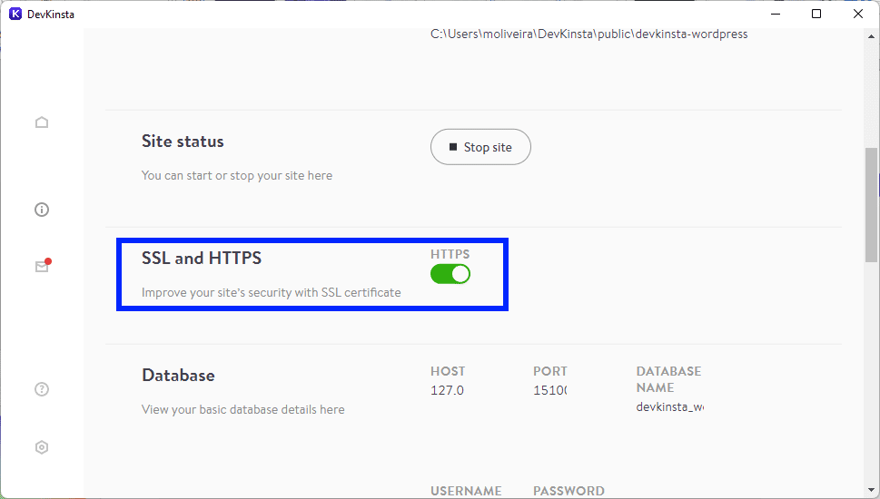 DevKinsta'nın SSL ve HTTPS seçeneğini etkinleştirme.