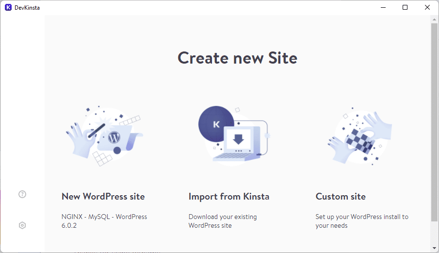 DevKinsta'nın yeni WordPress sitesi oluşturma ekranı.