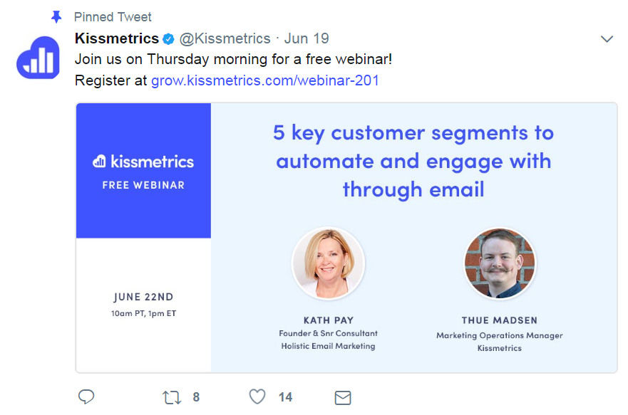 Un post Twitter sur un webinaire Kissmetrics.
