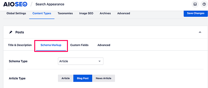 Impostazione del markup dello schema predefinito per i tipi di post