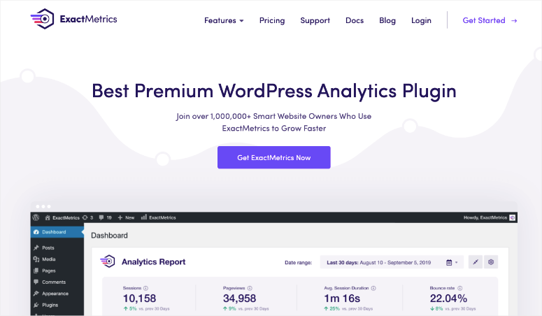 ExactMetrics - IsItWP - كاشف مجاني لموضوع WordPress ExactMetrics homepage
