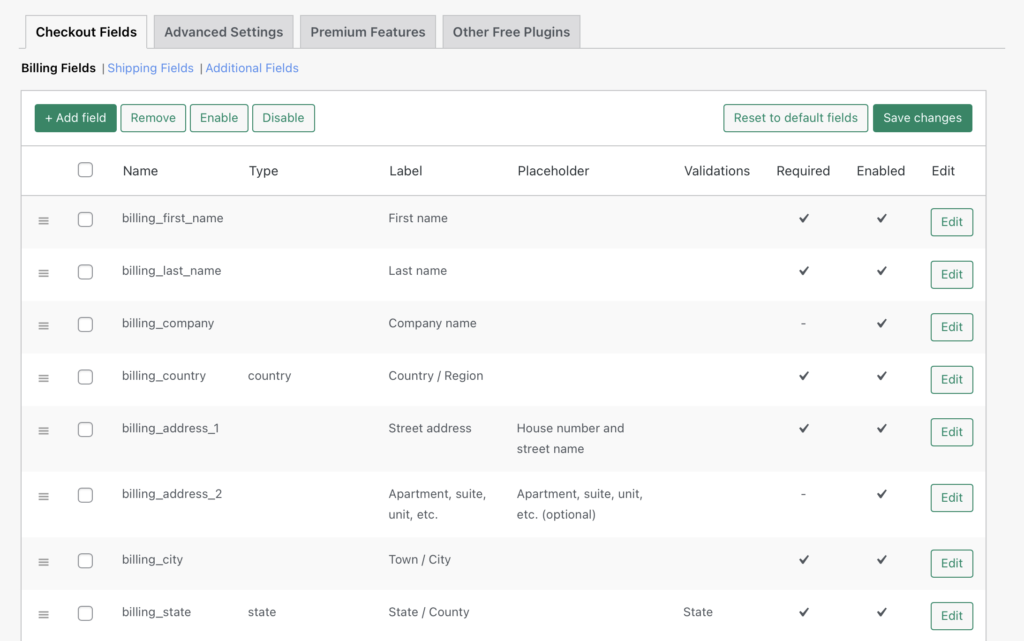 Ecranul principal al Checkout Field Editor pentru editarea paginii dvs. de plată WooCommerce