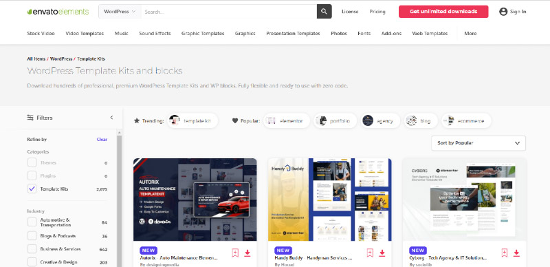 今日から使い始められる WordPress のランディング ページ テンプレートのベスト 2 Envato Elements WordPress Template Kits