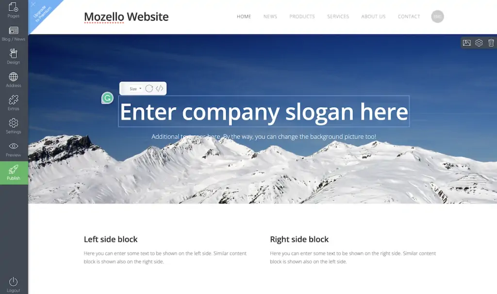 概要内の Mozello ウェブサイトビルダー