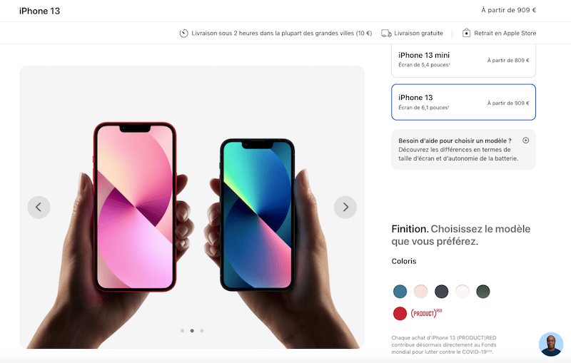 제품 이미지의 두 사이즈 비교 - 출처: apple.fr