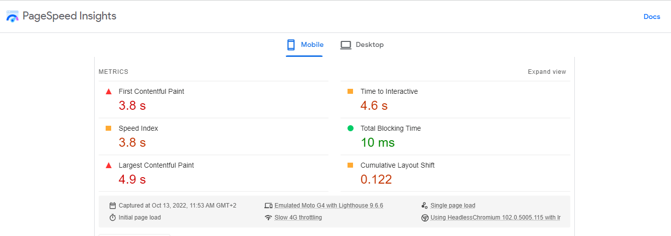 Dati di laboratorio in PageSpeed Insights