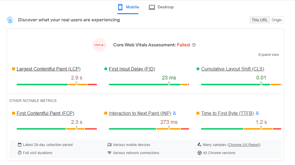 Dati del mondo reale in PageSpeed Insights