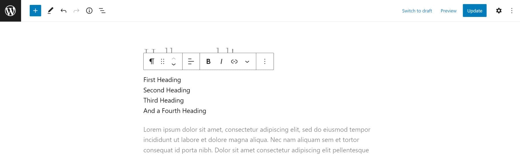 Creați cuprins - Editor de blocuri - Creați bloc de paragraf