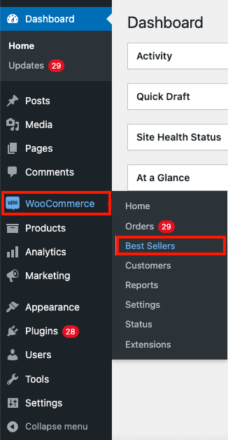 Navigați la WooCommerce Best sellers din tabloul de bord