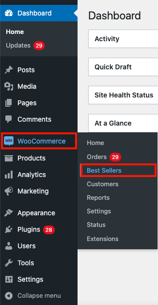 Navigieren Sie über das Dashboard zu den WooCommerce-Bestsellern