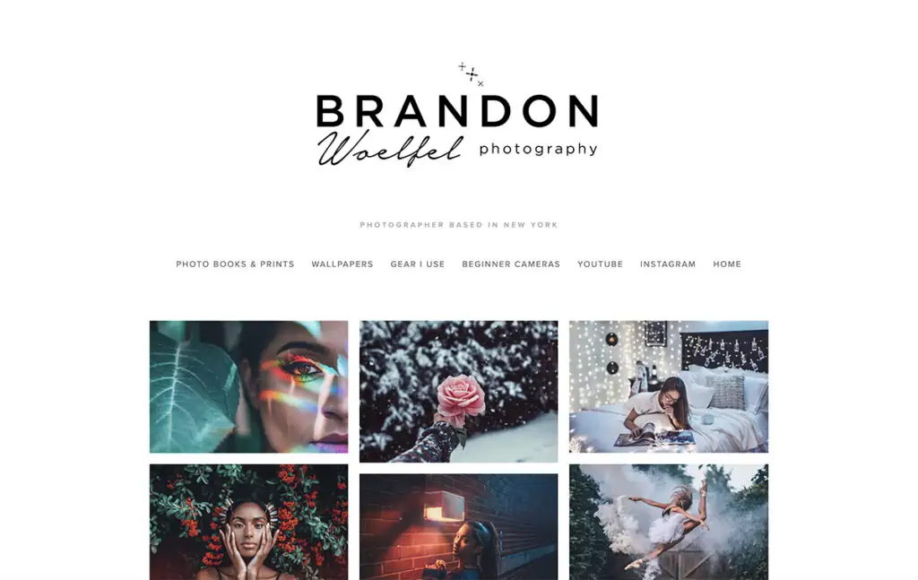 Brandon Woelfel 常驻纽约的摄影师。非常干净和直接的网站,网格布局和顶部的大徽标,下方的导航。