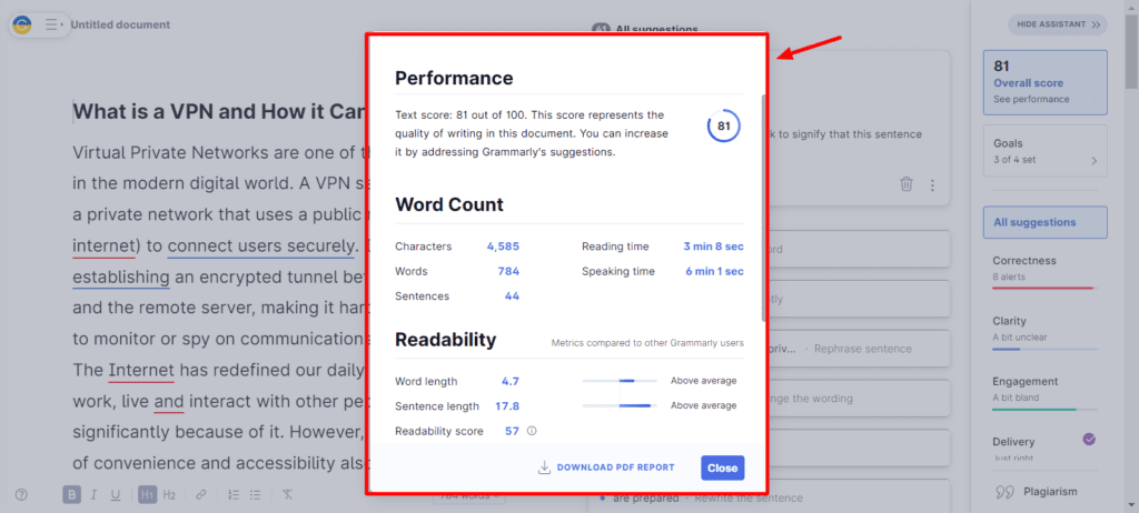 Grammarly - 内容评分和报告