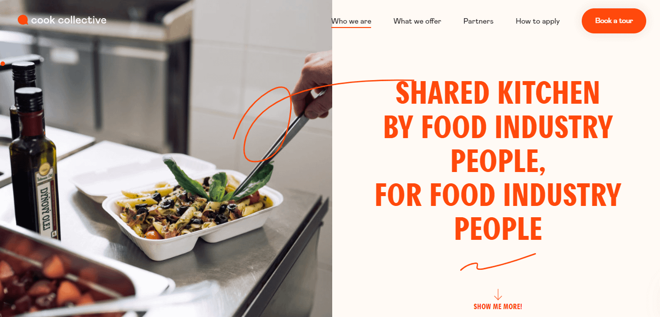 O site Cook Collective é um exemplo de site de uma página de um serviço de aluguel.