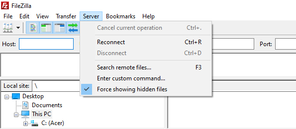 forcer l'affichage des fichiers cachés filezilla