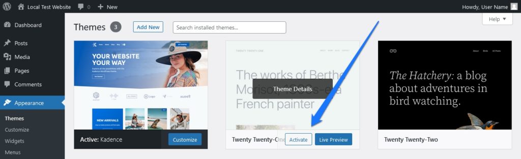 activer le thème wordpress par défaut