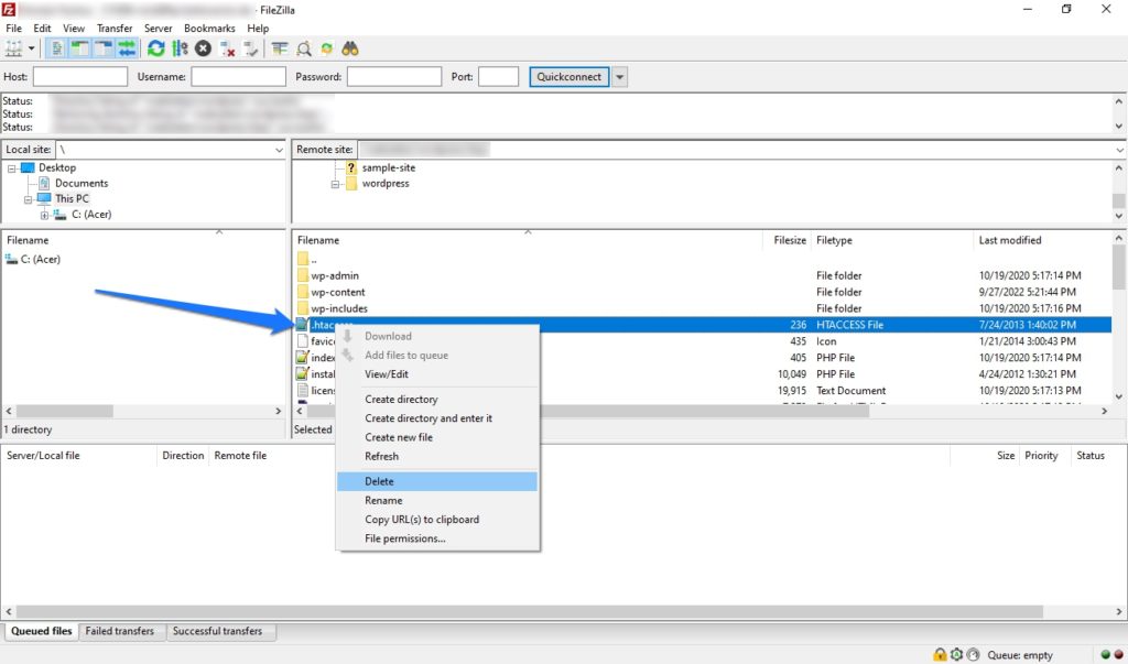 supprimer htaccess via ftp