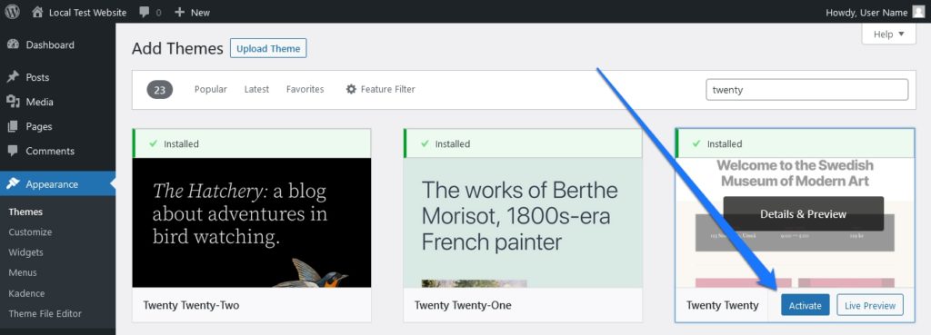 activer le thème par défaut après l'installation pour dépanner wordpress