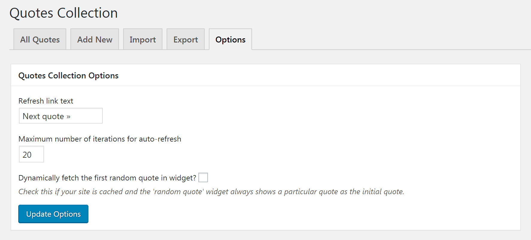 La schermata Opzioni del plug-in Raccolta citazioni.