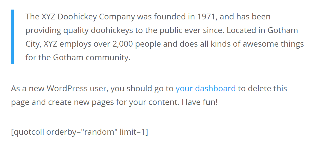 Uno shortcode di virgolette casuali nell'editor.