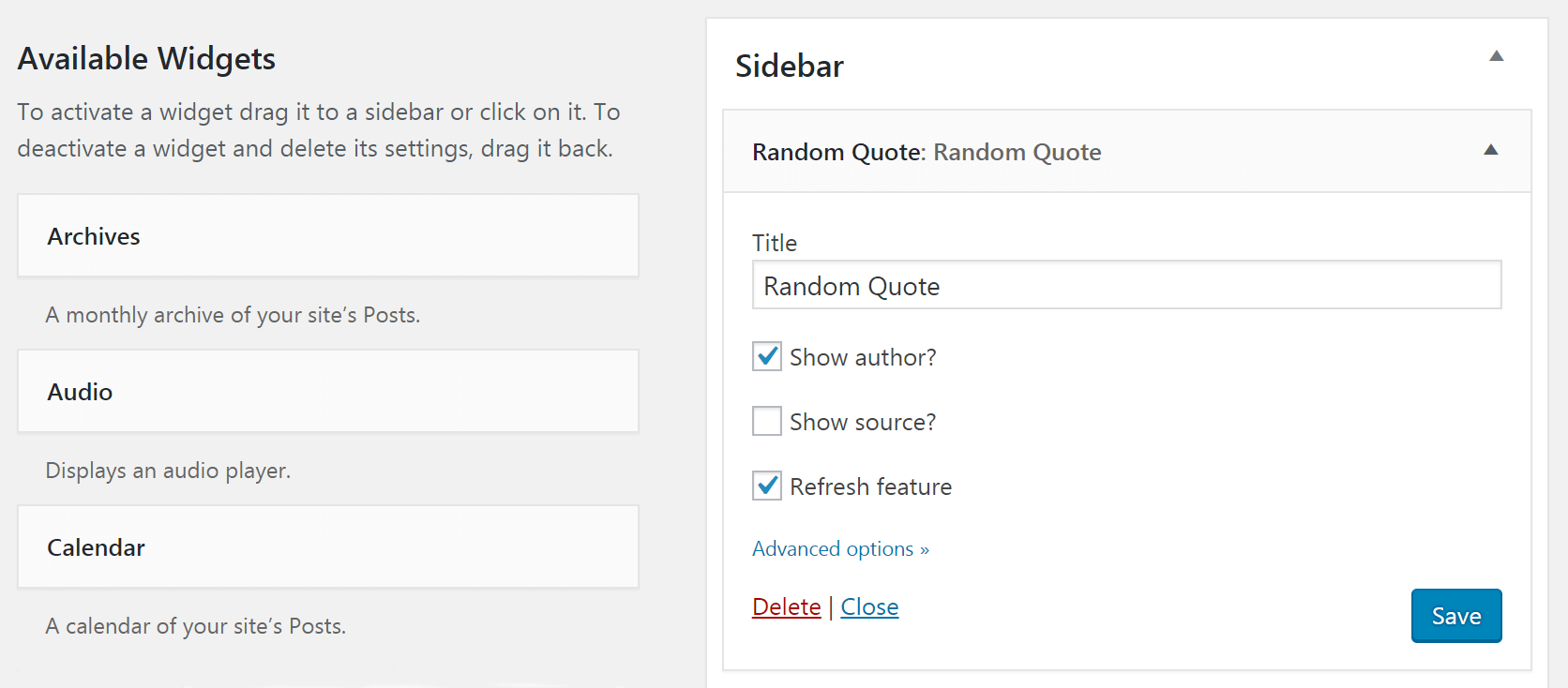 Il widget Citazioni casuali.