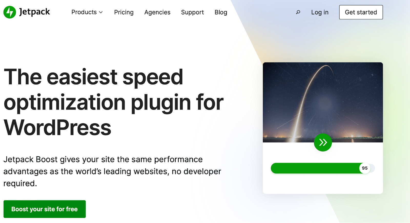Página inicial do Jetpack Boost com o texto "O plugin de otimização de velocidade mais fácil para WordPress"