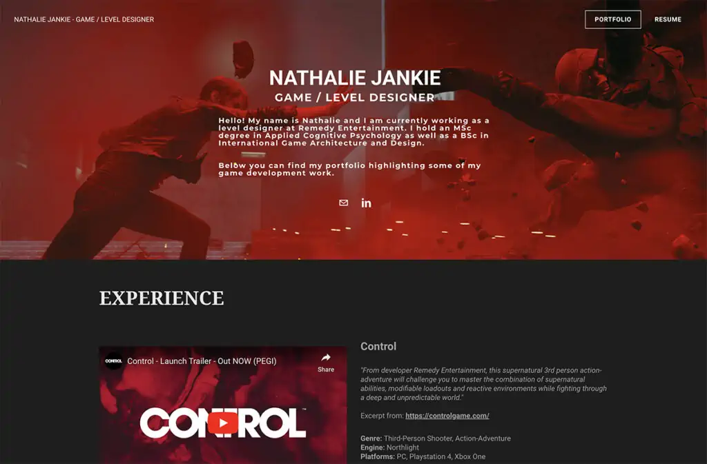 Natalie Jankie 是一名专业级游戏设计师,她喜欢应对各种挑战,并在游戏开发的多个方面发展了自己的技能,其中包括游戏、关卡、叙事、UI 和系统设计。