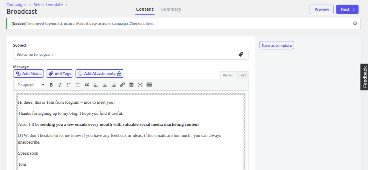 Edycja szablonu e-mail