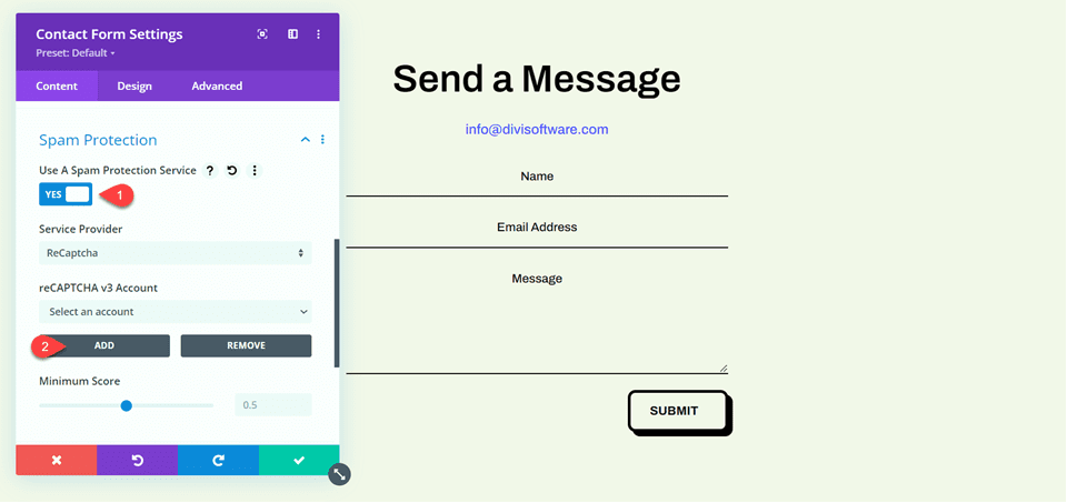 Configurazione del modulo di contatto Divi ReCaptcha