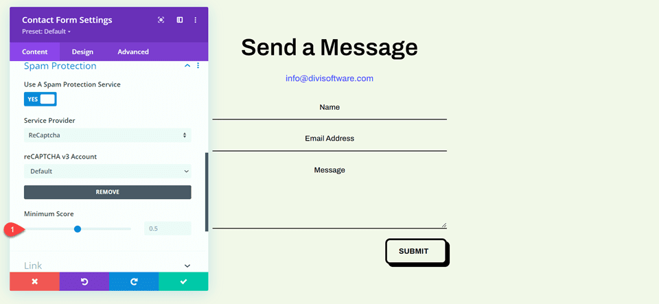 Punteggio minimo del modulo di contatto Divi ReCaptcha