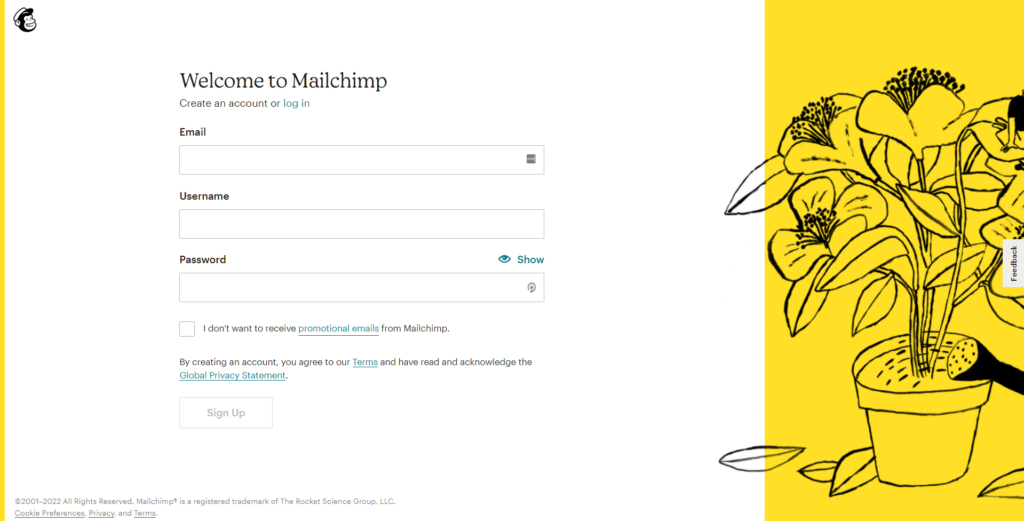 Inscreva-se na página do MailChimp