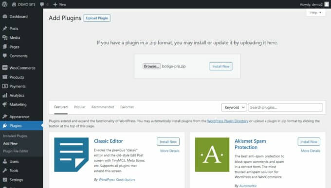 Încărcați pluginul Botiga Pro WooCommerce
