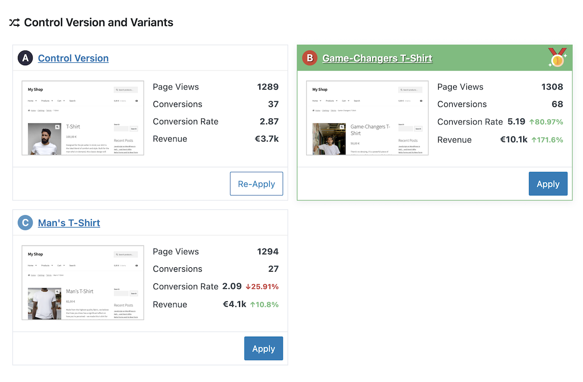 使用 Nelio A/B 测试的 WooCommerce 产品摘要 A/B 测试的结果