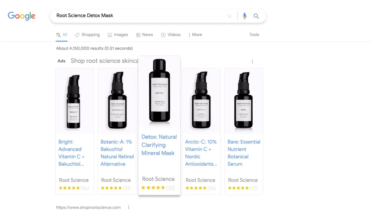Google'da Root Science ürün listelemeleri