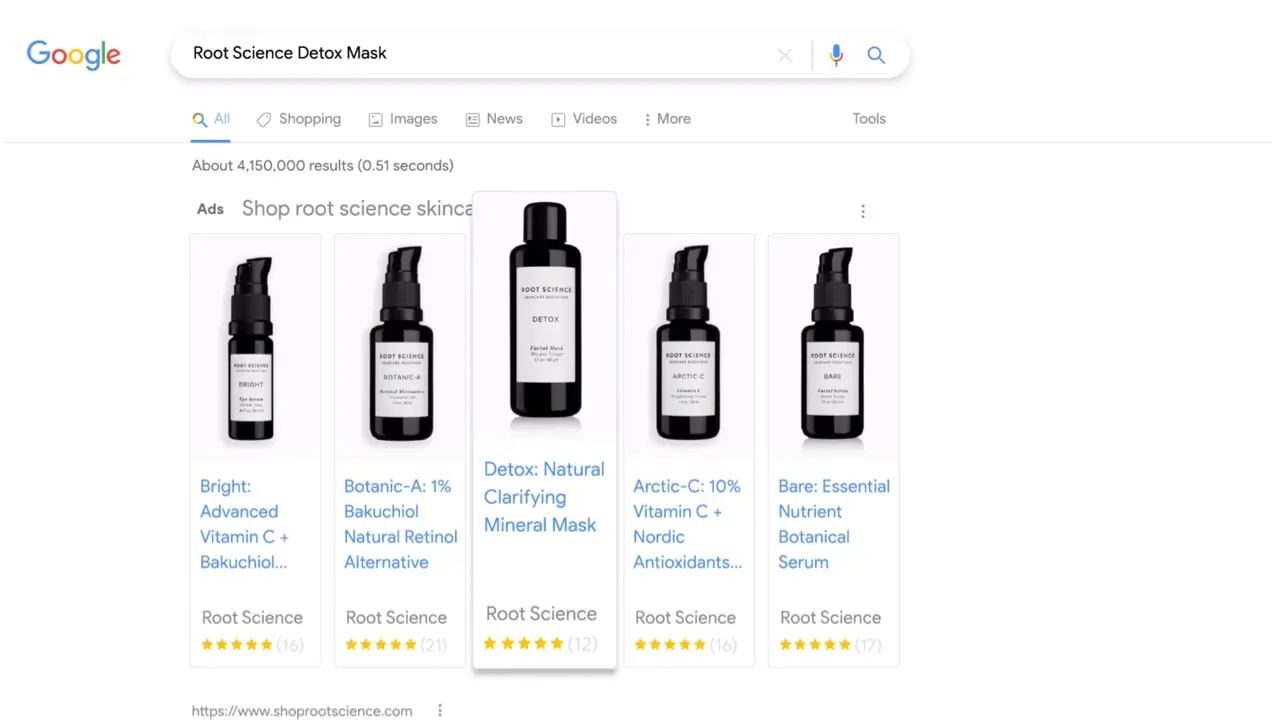 Listagens de produtos da Root Science no Google