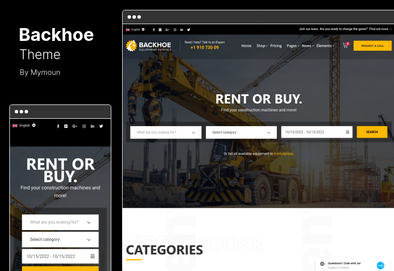 ธีมรถแบคโฮ - เช่าอุปกรณ์ก่อสร้าง WordPress Theme