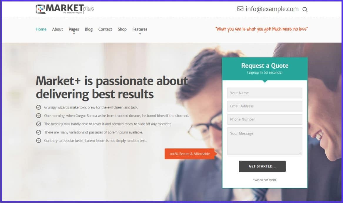 Bağlı kuruluş WordPress teması Marketplus için web sitesinin ekran görüntüsü.