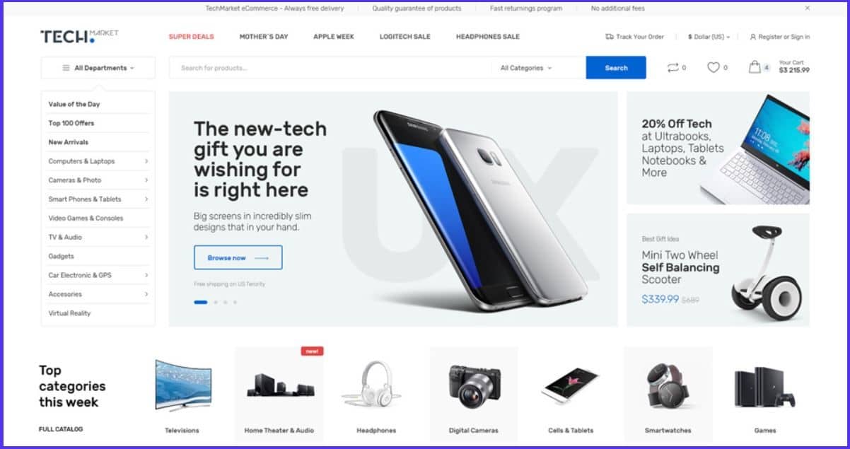 Bağlı kuruluş WordPress teması Techmarket için web sitesinin ekran görüntüsü.