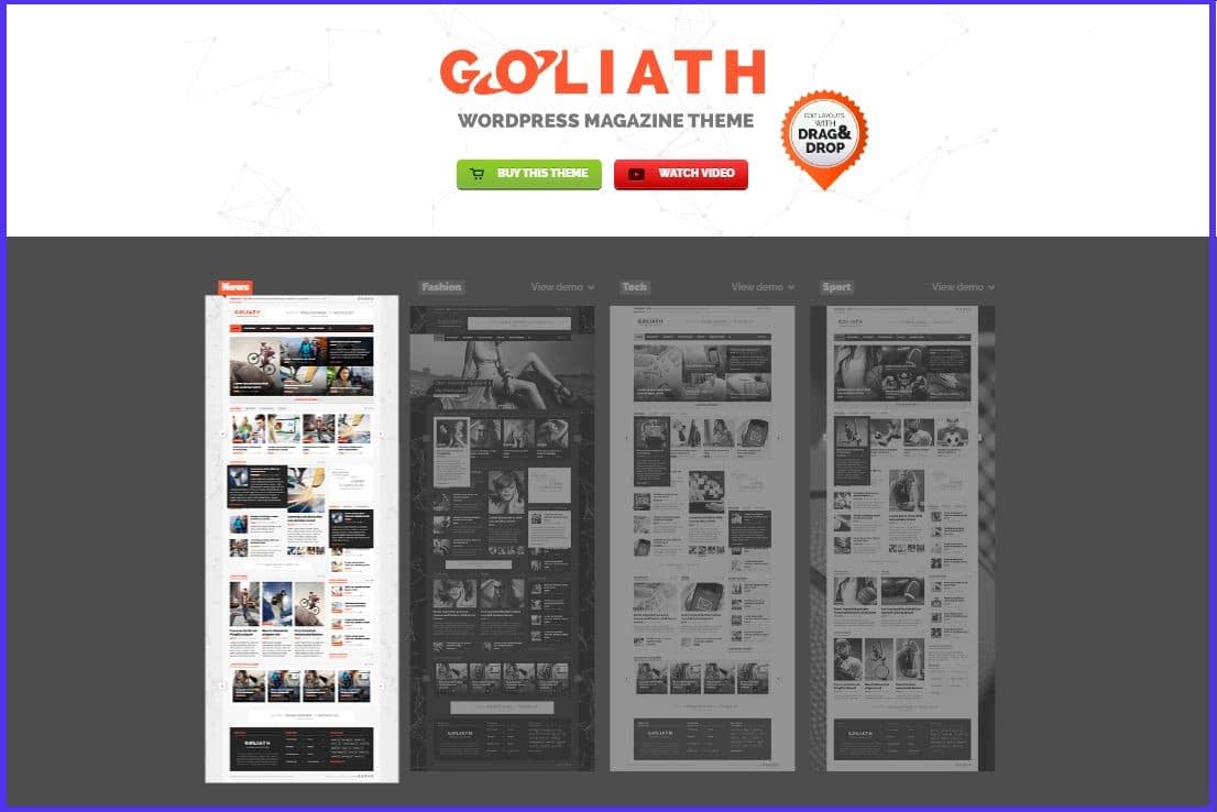 En iyi bağlı WordPress temalarından biri olan Goliath web sitesinin ekran görüntüsü.