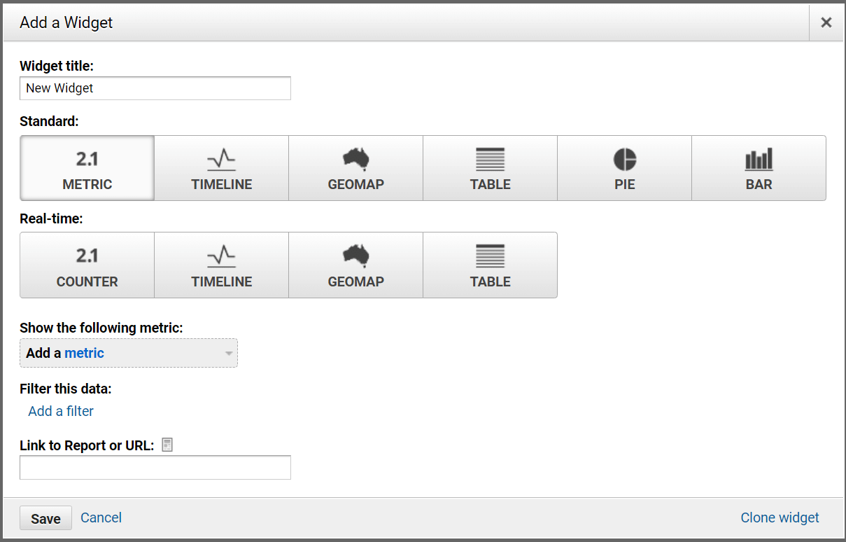 Google analytics kontrol paneli, widget'ları seçme
