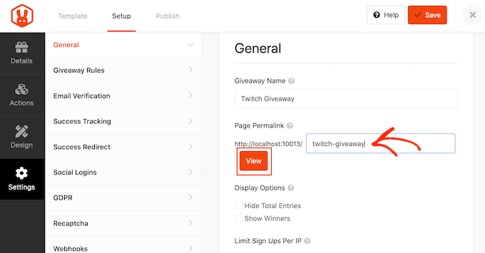 Festlegen des Permalinks für Ihre Giveaway-Landingpage