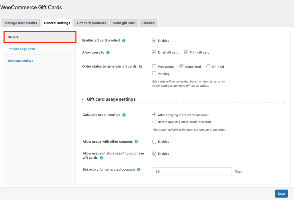 الإعدادات العامة للمكوِّن الإضافي لبطاقات هدايا WooCommerce
