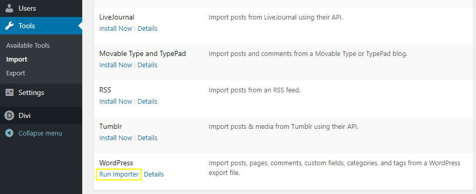Menjalankan importir WordPress.