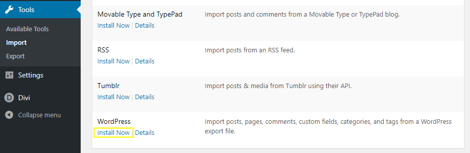 Menginstal pengimpor WordPress.